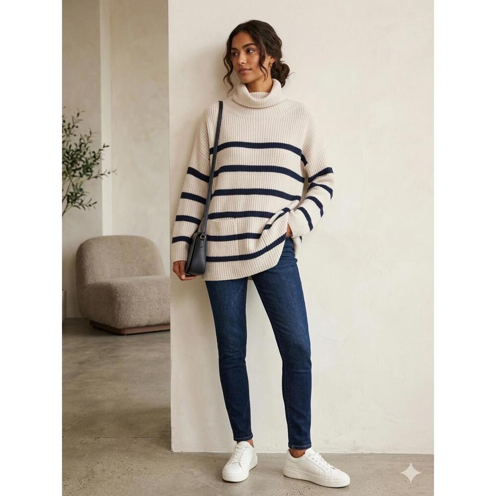 Autumn Cashmere 100% Pure Cashmere Striped Turtleneck S